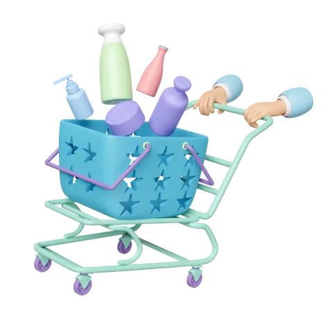 3 D Hand Pushing A Shopping Cart With Miscellaneous Isolated Enjoy Shopping Concept 3D Icon