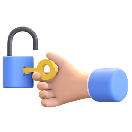 Hand unlocking padlock 3D Illustration