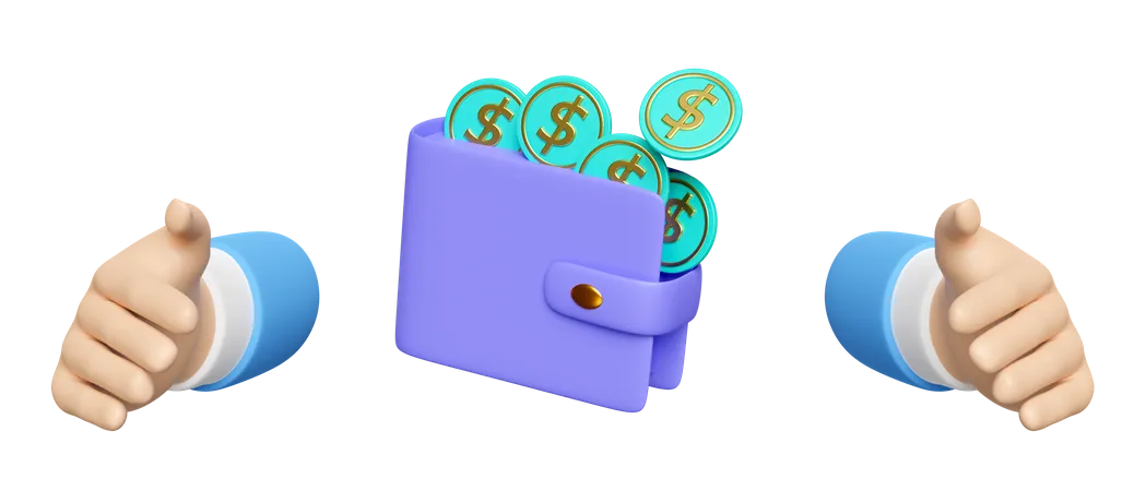 Businessman Hands Protecting Money Dollar Coins Purple Wallet Isolated Saving Money Business Protection Concept 3D Icon