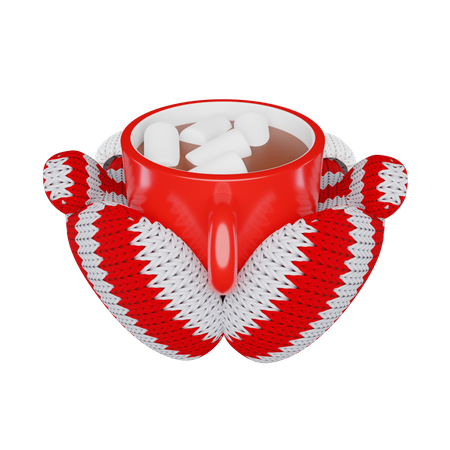 Hände in gestrickten Fäustlingen halten Kakao mit Marshmallows Cup  3D Illustration