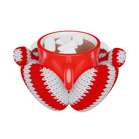 Hände in gestrickten Fäustlingen halten Kakao mit Marshmallows Cup  3D Illustration