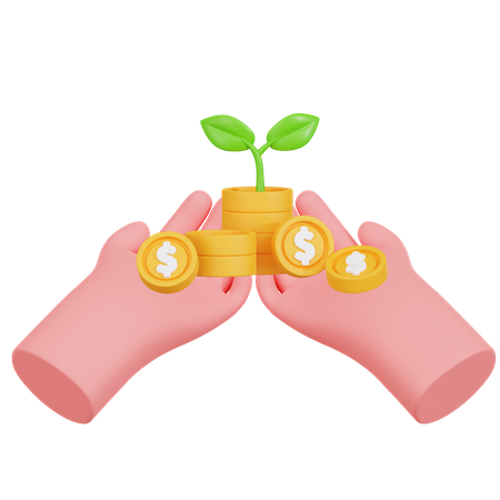 Hands Holding Coins And Plant Growth  3D Icon