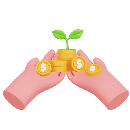 Hands Holding Coins And Plant Growth  3D Icon