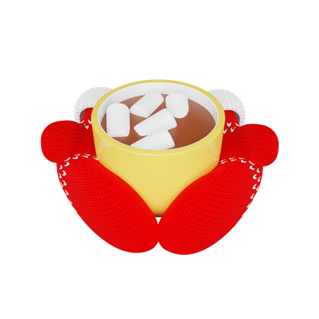 Hands Wearing Knitted Mittens Holding Cup Of Cocoa With Marshmallows 3D Illustration