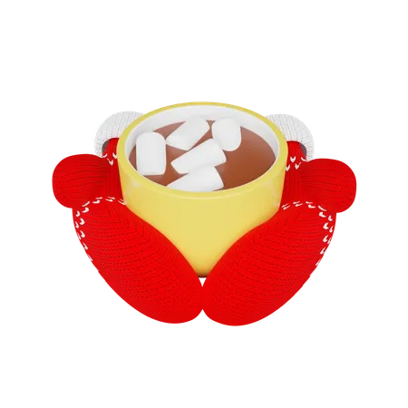 Hands Wearing Knitted Mittens Holding Cup Of Cocoa With Marshmallows  3D Illustration