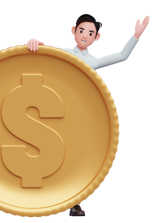 Handsome businessman in a blue shirt Peek behind the big coin  3D Illustration