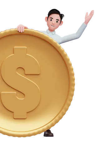 Handsome businessman in a blue shirt Peek behind the big coin  3D Illustration