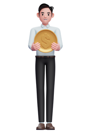 Handsome businessman in blue shirt Holding Coin  3D Icon
