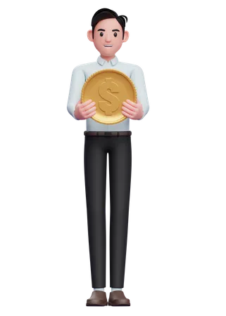 Handsome businessman in blue shirt Holding Coin  3D Illustration