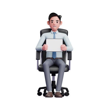Handsome businessman sitting in office chair holding tablet and showing tablet landscape screen  3D Icon