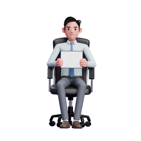 Handsome businessman sitting in office chair holding tablet and showing tablet landscape screen 3D Illustration
