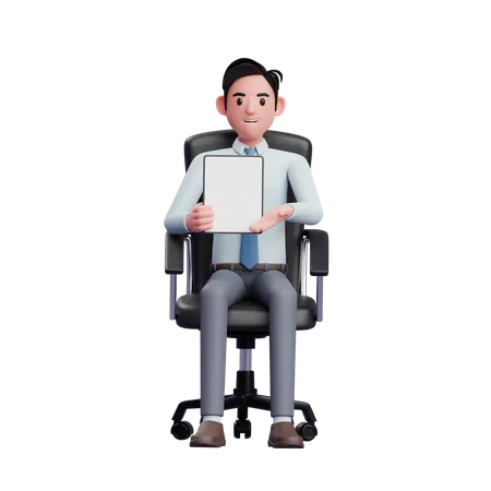 Handsome businessman sitting in office chair while presenting with tablet  3D Illustration