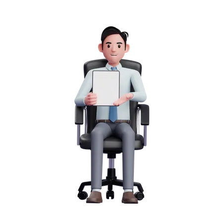 Handsome businessman sitting in office chair while presenting with tablet 3D Illustration