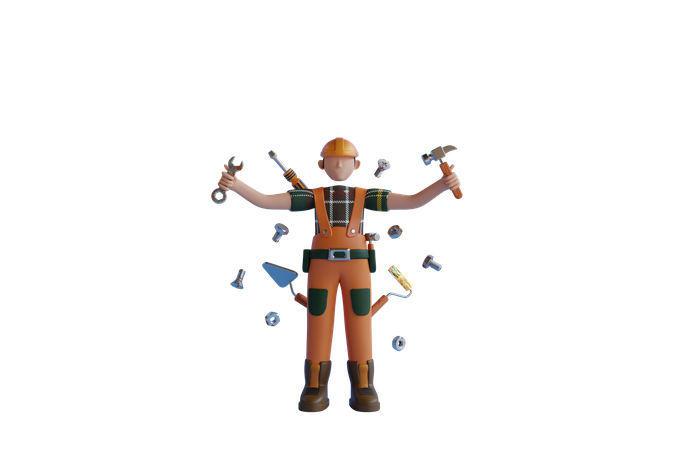 Handyman Doing Multitasking With Tools  3D Icon