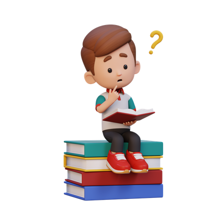 Happy Boy Child Getting Confused When Reading Book  3D Icon