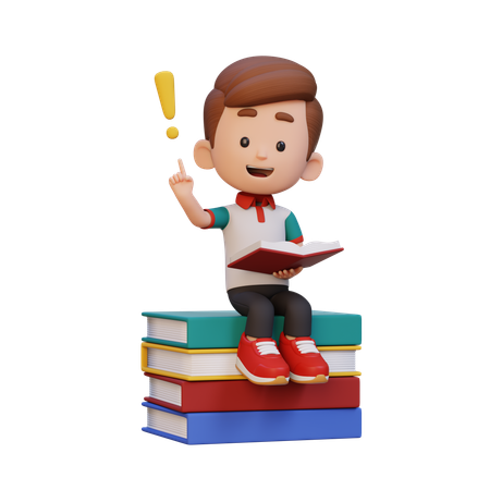 Happy Boy Child Getting Idea When Reading Book  3D Icon