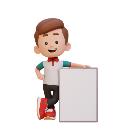 空白のプラカードを持つ幸せな男の子  3D Icon