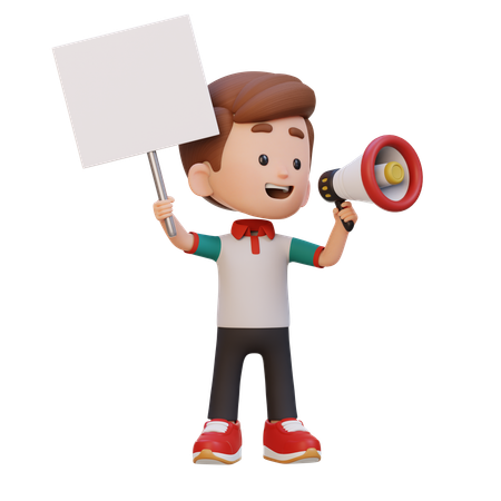 空白のプラカードとメガホンを持った幸せな男の子  3D Icon