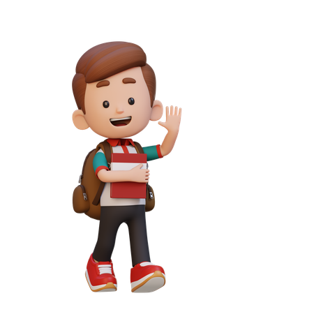 Happy Boy Child Holding Book And Waving Hand  3D Icon