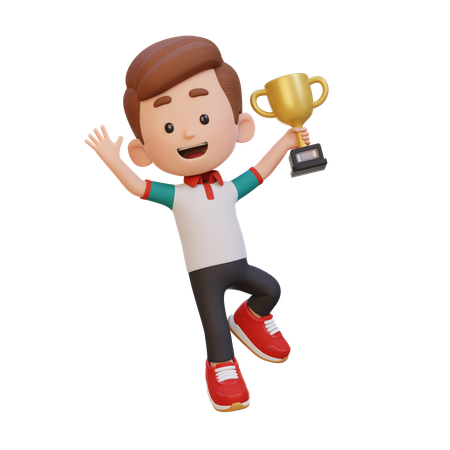 トロフィーを持って喜ぶ少年  3D Icon
