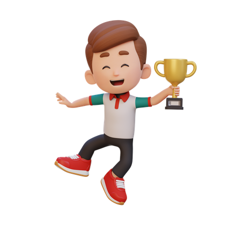 Happy Boy Child Holding Trophy  3D Illustration