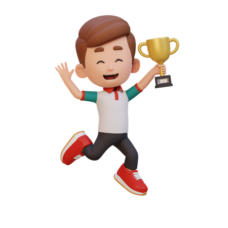 Happy Boy Child Holding Trophy  3D Illustration