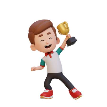 Happy Boy Child Holding Trophy  3D Illustration