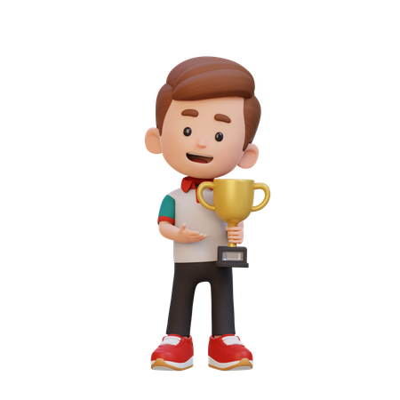 Happy Boy Child Holding Trophy  3D Illustration