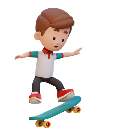 Happy Boy Child Riding Skateboard  3D Illustration
