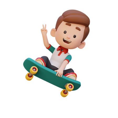 Happy Boy Child Riding Skateboard While Showing Victory Gesture  3D Illustration