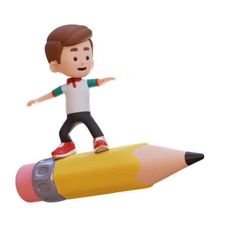Happy Boy Child Standing On Pencil  3D Icon