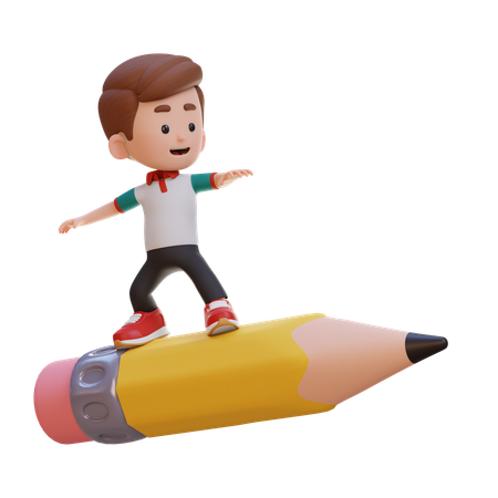 Happy Boy Child Standing On Pencil  3D Icon