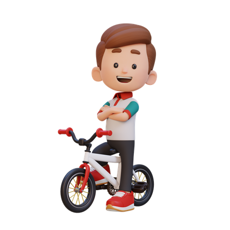 Happy Boy Child Standing With Cycle  3D Illustration