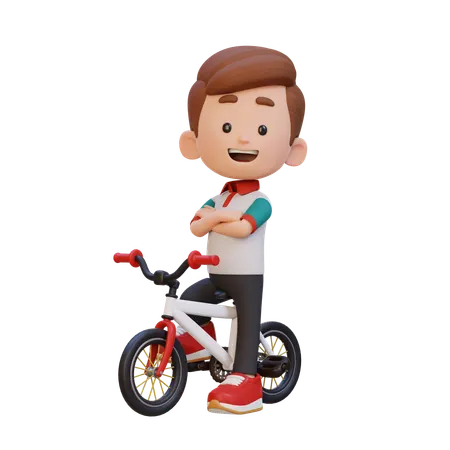 Happy Boy Child Standing With Cycle  3D Illustration