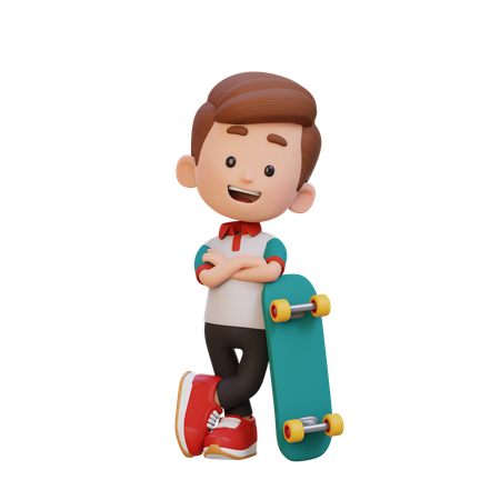Happy Boy Child Standing With Skateboard  3D Illustration