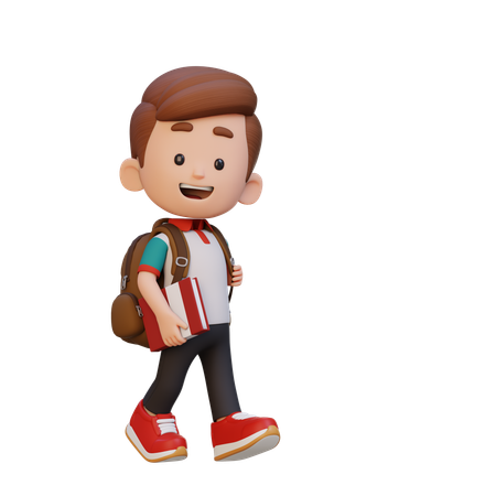 Happy Boy Child Walking And Go To School Holding Book  3D Icon