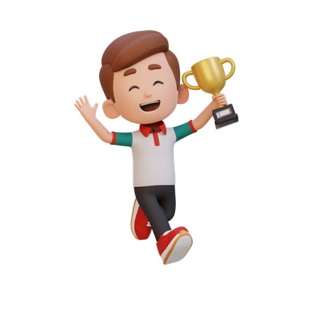 Happy Boy Child Waving Hand And Holding Trophy  3D Illustration