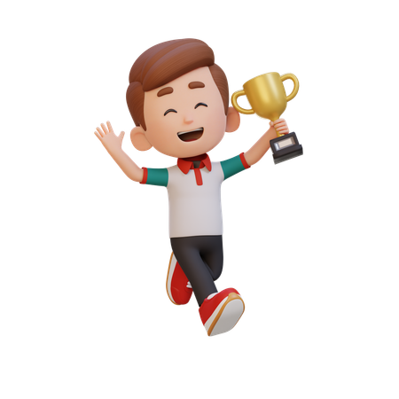 Happy Boy Child Waving Hand And Holding Trophy  3D Icon