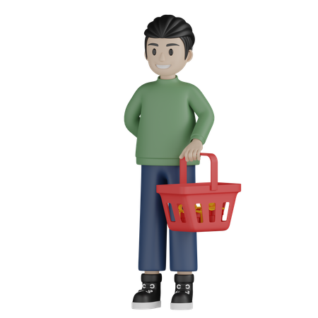 Happy boy holding shopping basket  3D Illustration