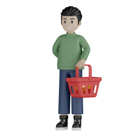 Happy boy holding shopping basket 3D Illustration