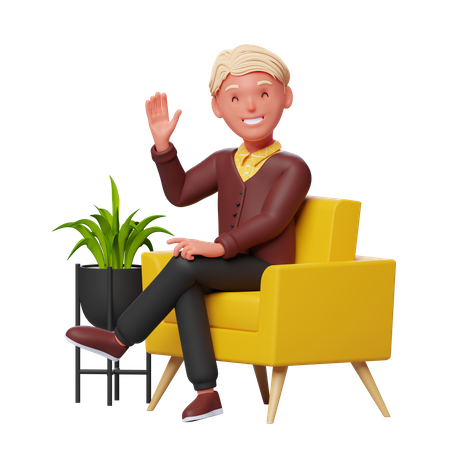 Happy Boy renonçant à la main alors qu'il était assis sur un canapé  3D Illustration