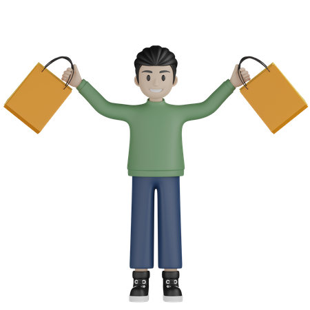 Happy boy showing shopping bags  3D Illustration