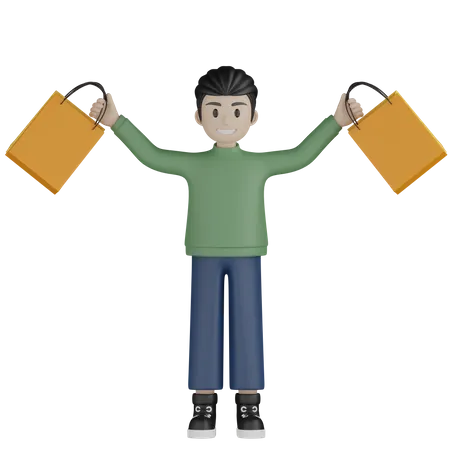 Happy boy showing shopping bags  3D Illustration