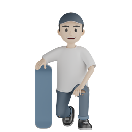 Happy Boy Sitting while Holding Skateboard  3D Illustration