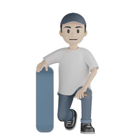 Happy Boy Sitting while Holding Skateboard 3D Illustration