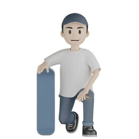 Happy Boy Sitting while Holding Skateboard  3D Illustration