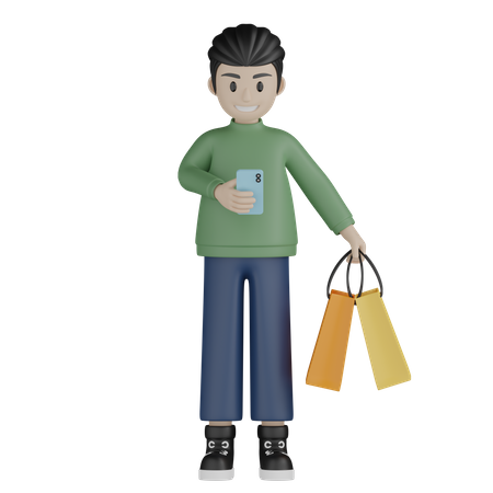 Happy boy standing with shopping bags 3D Illustration