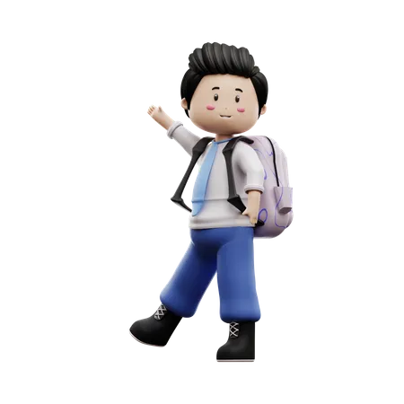 Happy Boy Student Waving Hand  3D Illustration