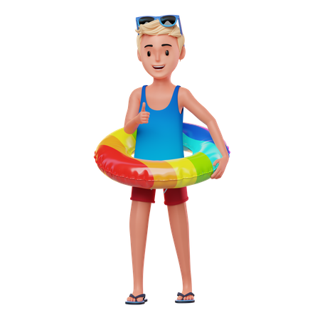 Happy boy with inflatable ring 3D Illustration