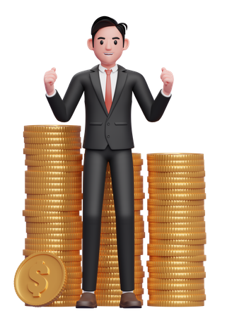 Happy businessman in black formal suit getting lots of piles of gold coins  3D Illustration